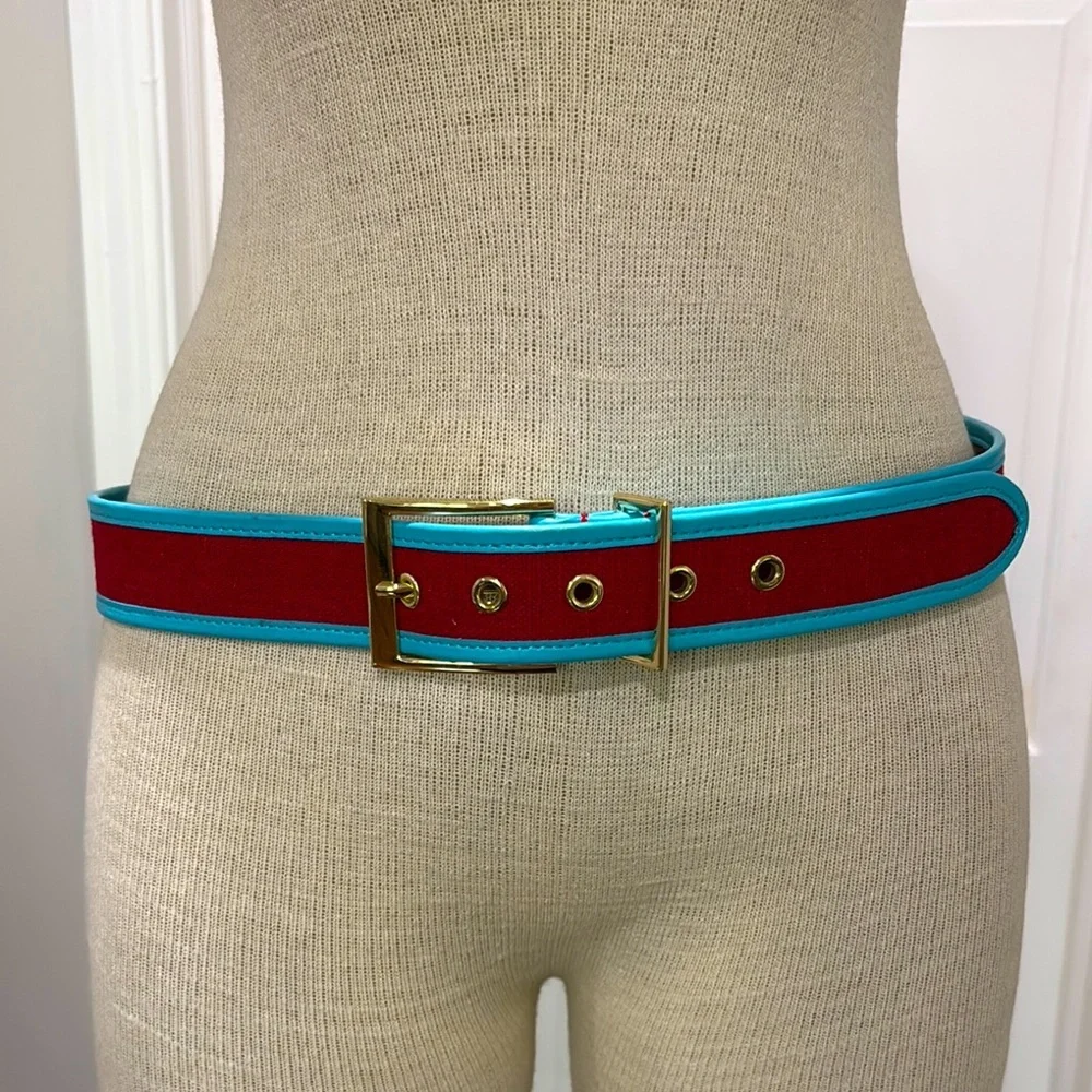 Talbots sz XL red and turquoise leather and linen blend belt with gold buckle
